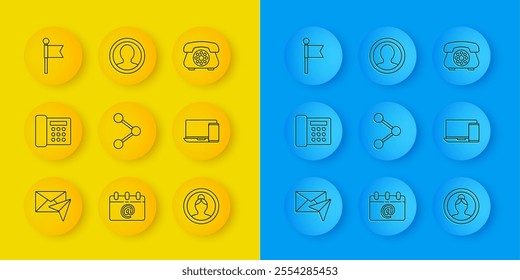 Set line Envelope, Telephone, Share, Create account screen, Monitor and, Location marker,  and  icon. Vector
