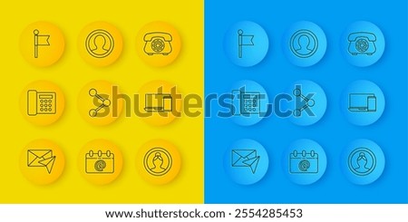 Set line Envelope, Telephone, Share, Create account screen, Monitor and, Location marker,  and  icon. Vector