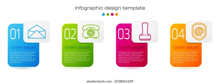 Defina a linha Envelope, Telephone, Stamp e Shield com correio e e-mail. Modelo de infográfico comercial. Vetor