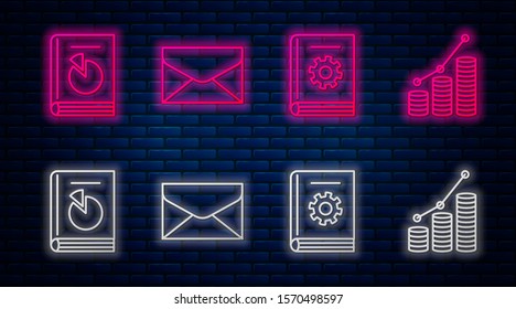 Set line Envelope, User manual, User manual and Pie chart infographic and coin. Glowing neon icon on brick wall. Vector