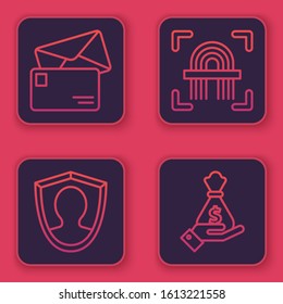 Set line Envelope, User protection, Fingerprint and Hand holding money bag. Blue square button. Vector