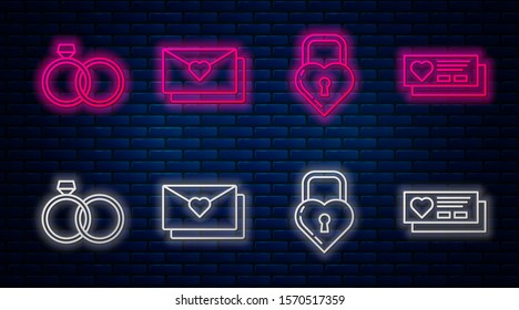 Set line Envelope with Valentine heart, Castle in the shape of a heart, Wedding rings and Ticket with heart. Glowing neon icon on brick wall. Vector