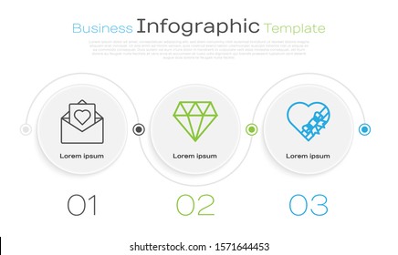 Set line Envelope with Valentine heart, Diamond and Candy in heart shaped box and bow. Business infographic template. Vector