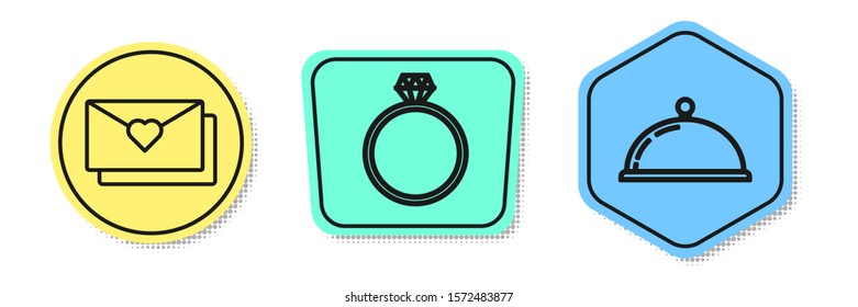 Set line Envelope with Valentine heart, Diamond engagement ring and Covered with a tray of food. Colored shapes. Vector