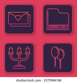 Set line Envelope with Valentine heart, Candlestick, Grand piano and Balloons with ribbon. Blue square button. Vector