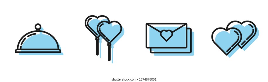 Set line Envelope with Valentine heart, Covered with a tray of food, Balloons in form of heart with ribbon and Two Linked Hearts icon. Vector