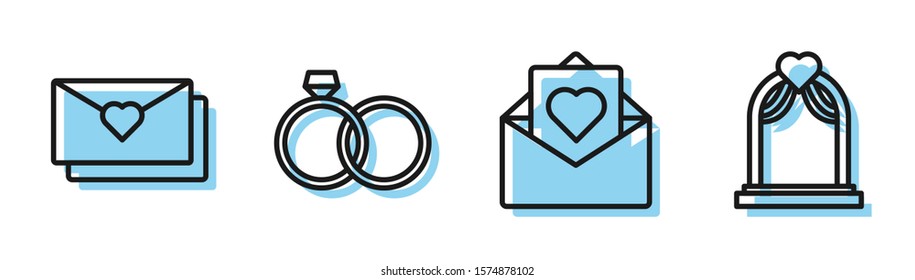 Set line Envelope with Valentine heart, Envelope with Valentine heart, Wedding rings and Wedding arch icon. Vector
