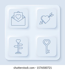 Set line Envelope with Valentine heart, Amour symbol with heart and arrow, Signpost with heart and Key in heart shape. White square button. Vector