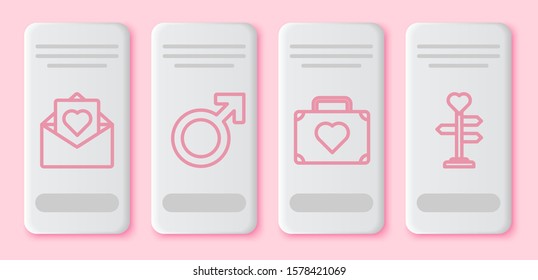 Set line Envelope with Valentine heart, Male gender symbol, Suitcase for travel with heart and Signpost with heart. White rectangle button. Vector
