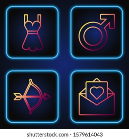 Set line Envelope with Valentine heart, Bow and arrow, Woman dress and Male gender symbol. Gradient color icons. Vector