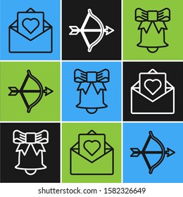 Set line Envelope with Valentine heart, Ringing bell and Bow and arrow icon. Vector