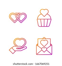 Set line Envelope with Valentine heart, Heart on hand, Two Linked Hearts and Wedding cake with heart. Gradient color icons. Vector