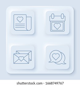 Set line Envelope with Valentine heart, Calendar with heart, Envelope with Valentine heart and Heart in speech bubble. White square button. Vector
