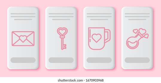 Set line Envelope with Valentine heart, Key in heart shape, Coffee cup and heart and Bottle with love potion. White rectangle button. Vector