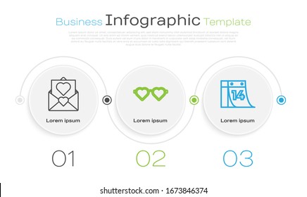 Set line Envelope with Valentine heart, Heart shaped love glasses and Calendar with February 14. Business infographic template. Vector