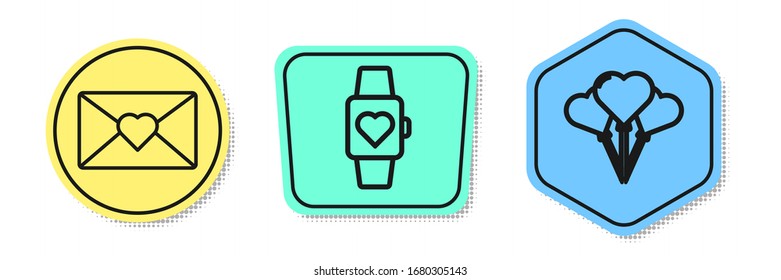 Set line Envelope with Valentine heart, Heart in the center wrist watch and Balloons in form of heart. Colored shapes. Vector