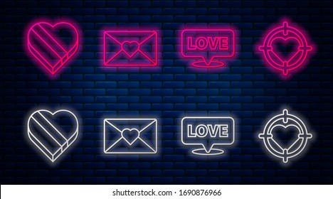 Set line Envelope with Valentine heart, Speech bubble with text love, Candy in heart shaped box and Heart in the center of darts target aim. Glowing neon icon on brick wall. Vector