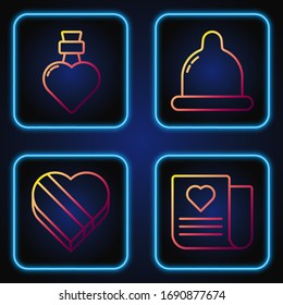Fijar la línea sobre con el corazón de San Valentín, Candy en la caja con forma de corazón, Botella con poción de amor y Condón. Iconos de color degradado. Vector