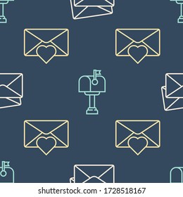 Set line Envelope, Envelope with Valentine heart and Mail box on seamless pattern. Vector