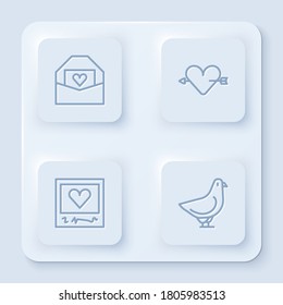 Set line Envelope with Valentine heart, Amour and arrow, Photo frames hearts and Dove. White square button. Vector