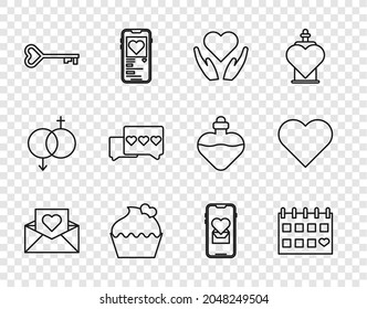 Set line Envelope with Valentine heart, Calendar, Heart hand, Wedding cake, Key shape, Like, Mobile and  icon. Vector