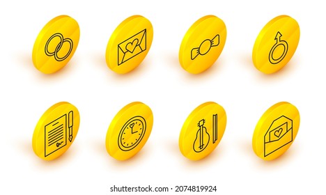 Set line Envelope with Valentine heart, Violin, Clock, Marriage contract, Male gender symbol, Bow tie,  and Wedding rings icon. Vector
