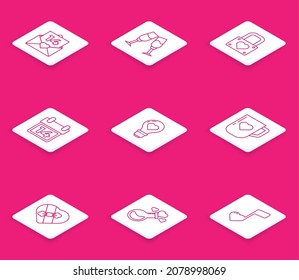Set line Envelope with Valentine heart, Glass of champagne, Lock and, Calendar February 14, Heart shape light bulb, Coffee cup, Candy shaped box and Bottle love potion icon. Vector