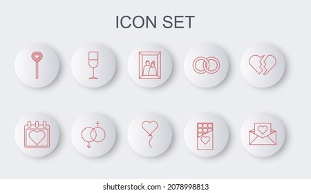Set line Envelope with Valentine heart, Calendar, Picture frame, Chocolate bar, Lollipop, Wine glass, Gender and Balloon form of icon. Vector