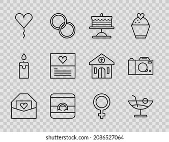 Set line Envelope with Valentine heart, Cocktail, Cake on plate, Wedding rings, Balloon form of, Greeting card, Female gender symbol and Photo camera icon. Vector