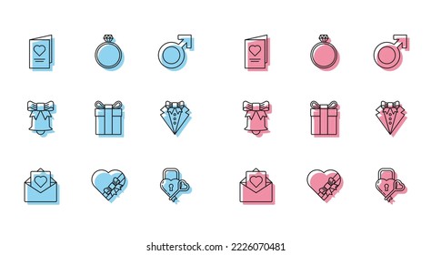 Set line Envelope with Valentine heart, Candy shaped box and bow, Valentines day party flyer, Castle the of key, Gift, Suit, Ringing bell and Diamond engagement ring icon. Vector