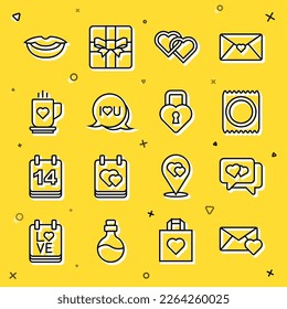 Set line Envelope with Valentine heart, Heart speech bubble, Condom package, Two Linked Hearts, Speech text I love you, Coffee cup and, Smiling lips and Castle the shape icon. Vector