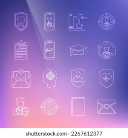 Set line Envelope with Valentine heart, Shield and rate, Human resources, Coffee machine cup, Graduation cap on mobile, Clipboard dental card, Dental protection and  icon. Vector