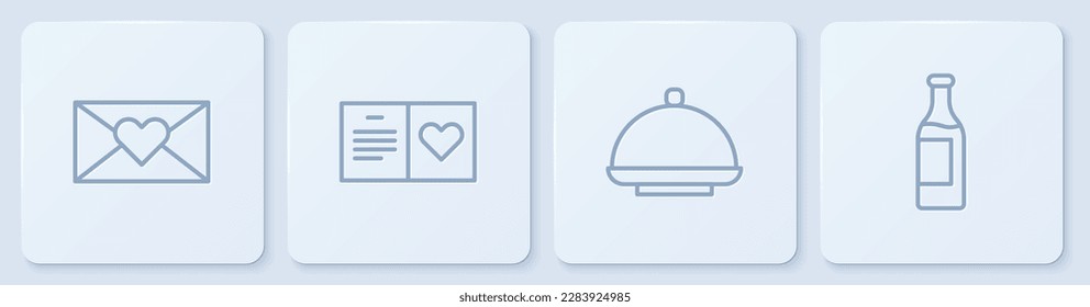 Set line Envelope with Valentine heart, Covered tray, Valentines day party flyer and Wine bottle. White square button. Vector