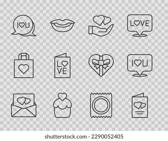 Fijar la línea sobre con el corazón de San Valentín, el volante del día de San Valentín, la mano del corazón, la torta de bodas, el texto de la burbuja del habla te amo, fiesta, paquete de preservativos e icono. Vector