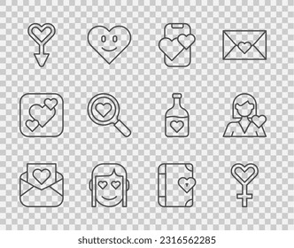 Set line Envelope with Valentine heart, Female gender symbol, Dating app online mobile, Romantic girl, Search and love, Love diary and  icon. Vector