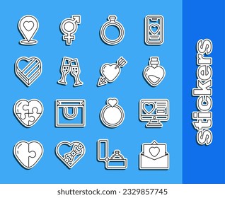 Fijar la línea sobre con el corazón de San Valentín, aplicación de citas en línea, poción de amor de botella, anillo de compromiso de diamantes, Vidrio de champán, caja con forma de golosina, icono de la ubicación y la flecha de Amour. Vector