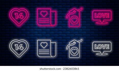 Fijar la línea sobre con el corazón de San Valentín, la etiqueta del corazón, la burbuja del corazón y el habla con el amor al texto. Icono de neón brillante en la pared de ladrillo. Vector