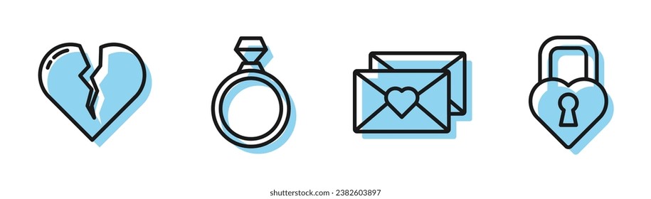 Set line Envelope with Valentine heart, Broken heart or divorce, Diamond engagement ring and Castle in the shape of a heart icon. Vector