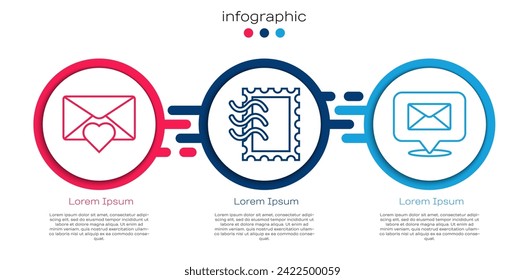 Set line Envelope with Valentine heart, Postal stamp and Speech bubble with envelope. Business infographic template. Vector