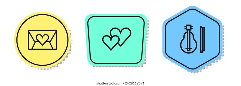 Set line Envelope with Valentine heart, Heart and Violin. Colored shapes. Vector