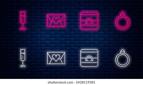 Set line Envelope with Valentine heart, Wedding rings, Glass of champagne and Diamond engagement. Glowing neon icon on brick wall. Vector