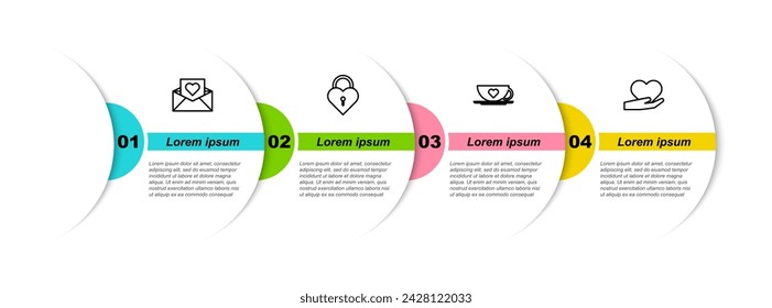 Set line Envelope with Valentine heart, Castle the shape of, Coffee cup and and Heart hand. Business infographic template. Vector