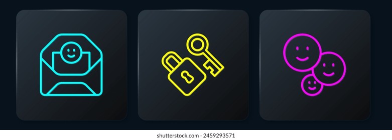 Set line Sobre con corazón de San Valentín, Feliz día de la amistad y llave de bloqueo. Botón cuadrado negro. Vector