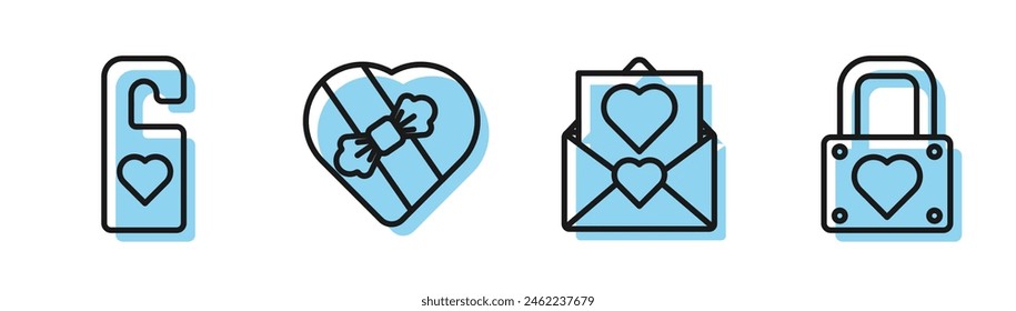 Set line Envelope with Valentine heart, Please do not disturb with heart, Candy in heart shaped box and Lock and heart icon. Vector