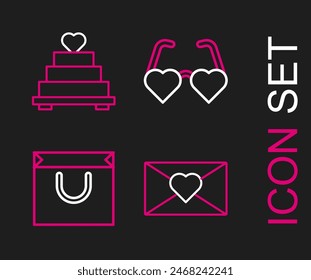 Set line Envelope with Valentine heart, Shopping bag, Heart shaped love glasses and Wedding cake icon. Vector