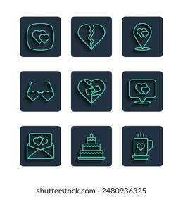 Set line Envelope with Valentine heart, Wedding cake, Coffee cup and, Location, Healed broken or divorce, Heart shaped love glasses,  and  icon. Vector