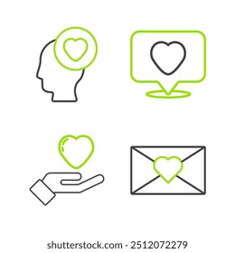 Set line Envelope with Valentine heart, Heart hand, Like and Head icon. Vector