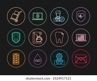 Set line Envelope with Valentine heart, Laptop resume, Profile settings, Coffee machine pot, Dental protection, Hand truck and boxes, Broken tooth and dollar icon. Vector