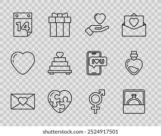 Set line Envelope with Valentine heart, Diamond engagement ring, Heart hand, Calendar February 14, Wedding cake, Gender and Bottle love potion icon. Vector