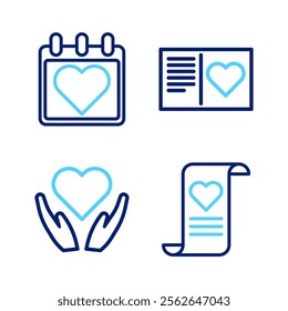 Set line Envelope with Valentine heart, Heart hand, Valentines day flyer and Calendar icon. Vector